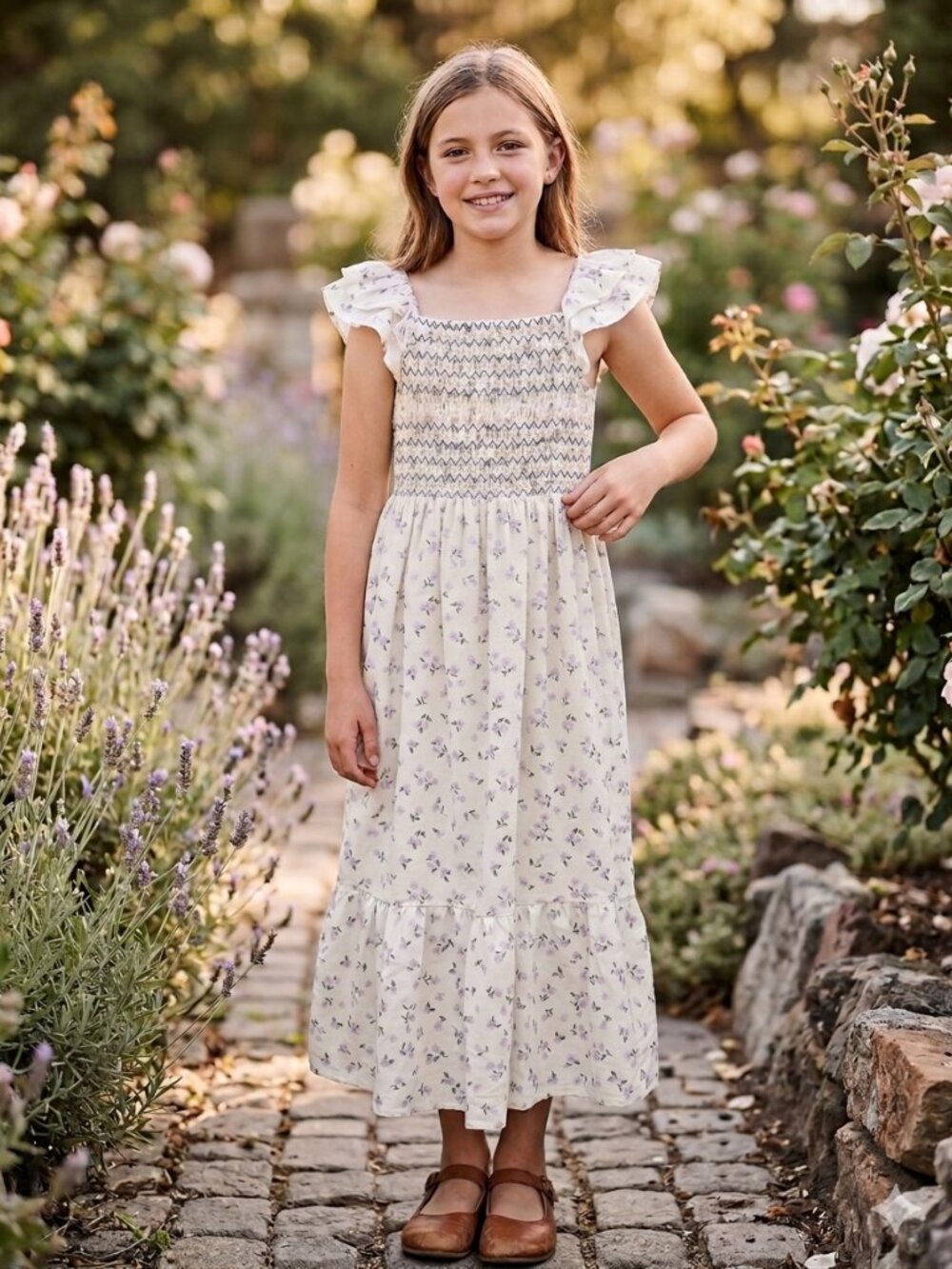 NWT Derek Heart Girls Size 14 Maxi Dress Linen Cotton Smocked Floral Cottagecore